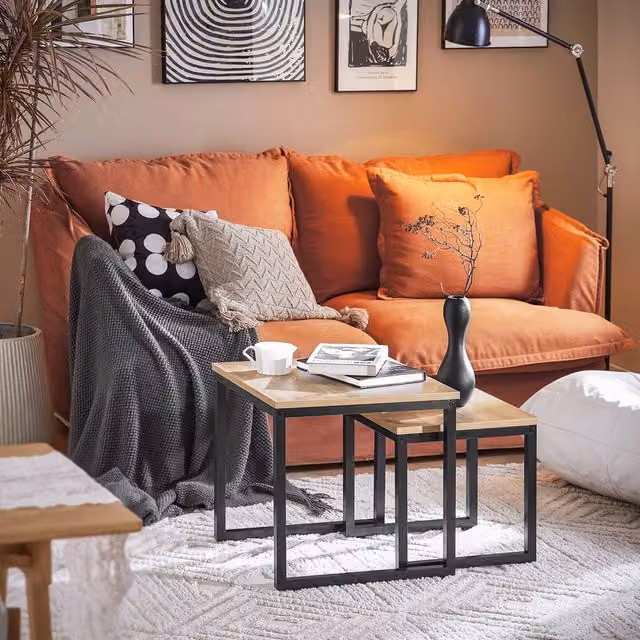 SoBuy Industrial Modern Nesting Coffee Table with Black Metal Frame and Light Oak MDF Tops – 1