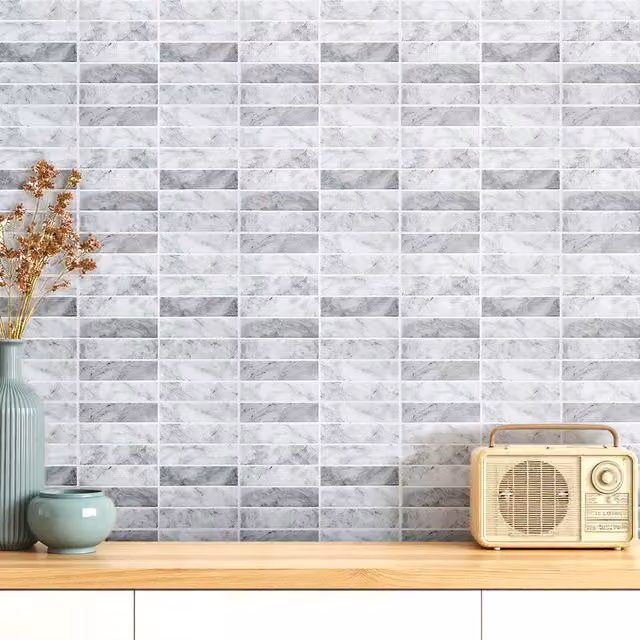 Livingandhome Set of 10 Self Adhesive Geometric 3D Tile Wallpaper Stickers in Grey and White, W: 29 cm x H: 22.9 cm
