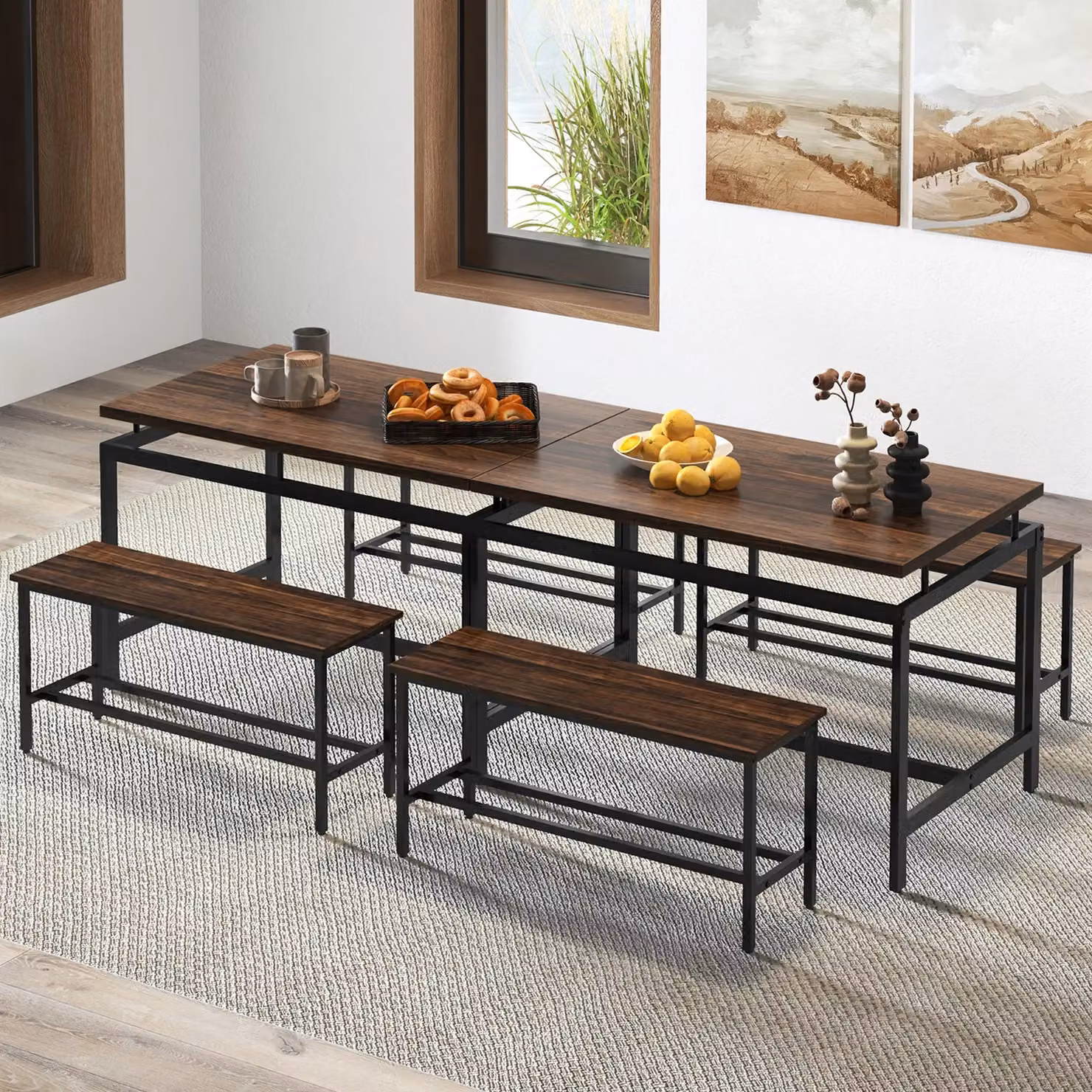 Costway 3 Piece Wooden Kitchen Dining Table Set with 2 Benches in Brown and Black – 5