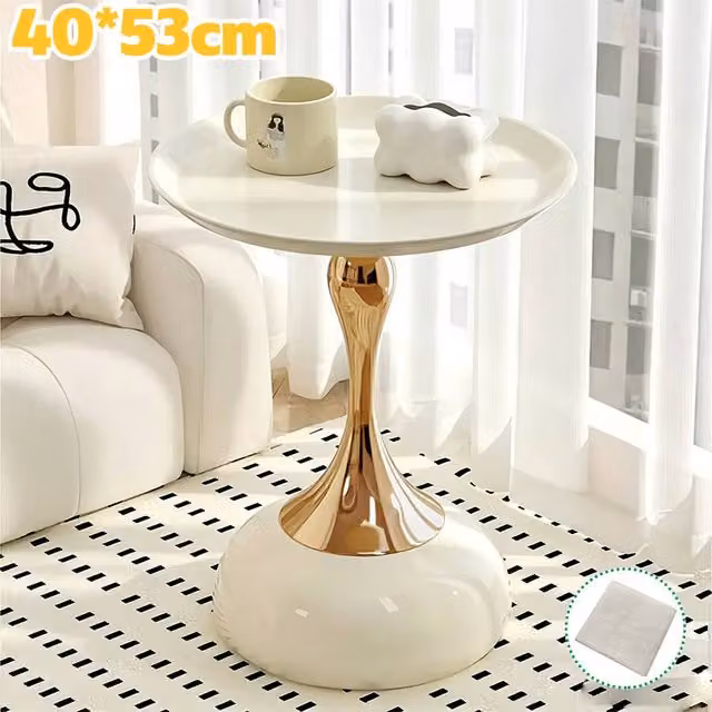 FORGEVIO Modern Round Coffee Table and Nightstand in White and Gold with Glossy Composite Top