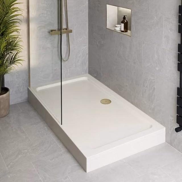 Hydrolux Non-Slip Square Shower Tray with Brushed Brass Waste, White and Gold, W: 76 cm x D: 76 cm x H: 14 cm