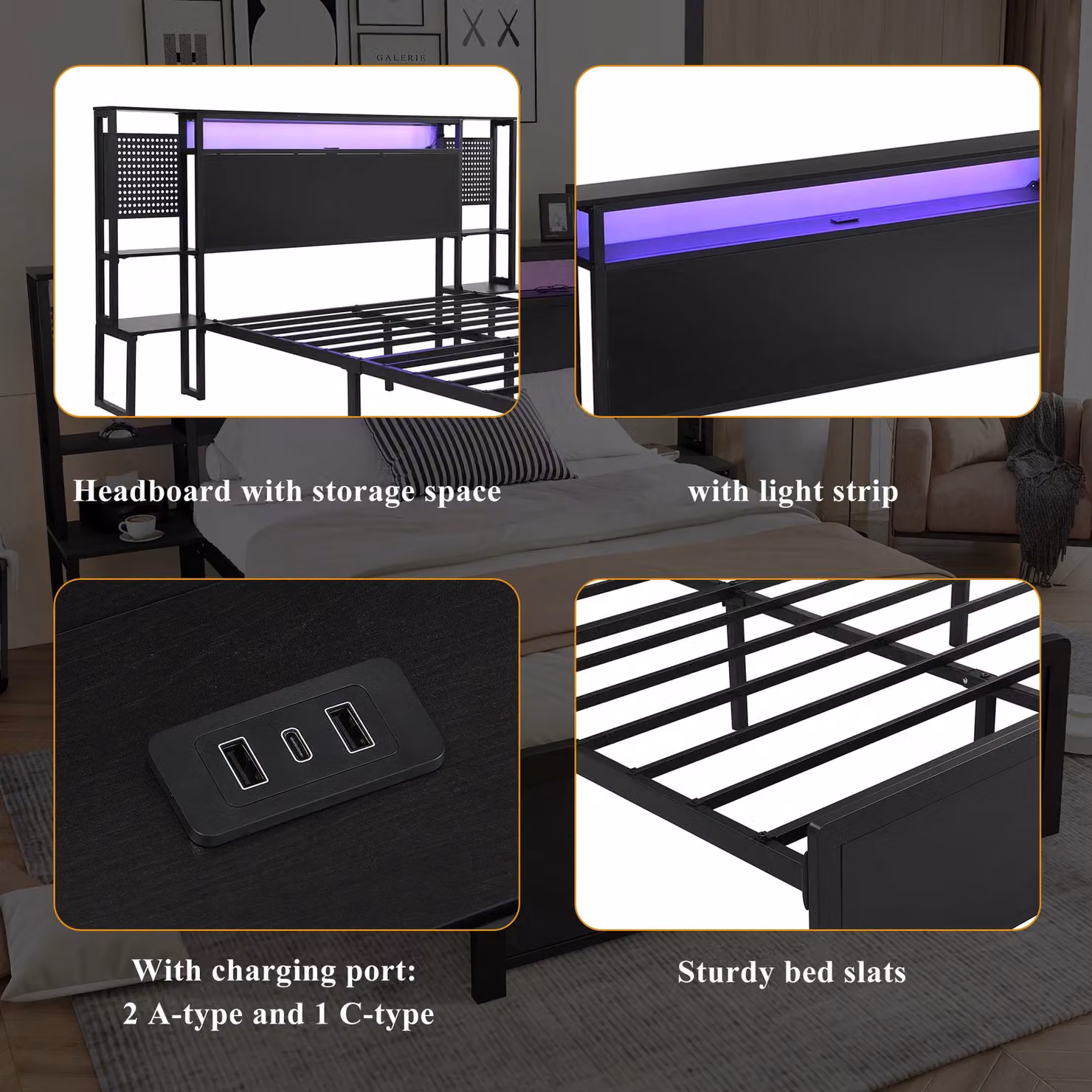 Matteo Metal Double Bed in Black with Multi-Colour LED Strip Lights, USB Charging Port and Side Compartments, W/D/H: 140 x 200 cm – 3
