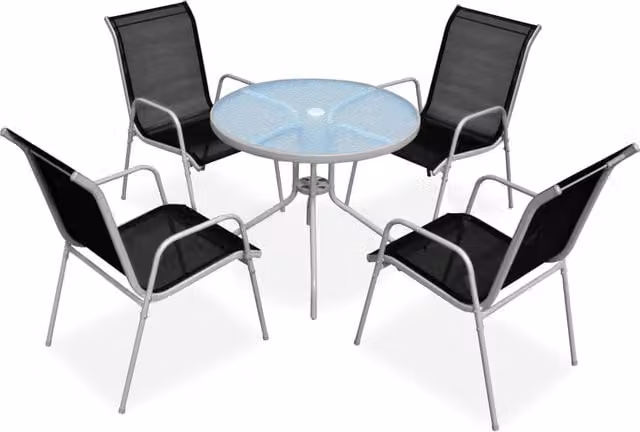 Berkfield Home 5 Piece Modern Outdoor Dining Set in Black and Grey Powder Coated Steel with Glass Tabletop