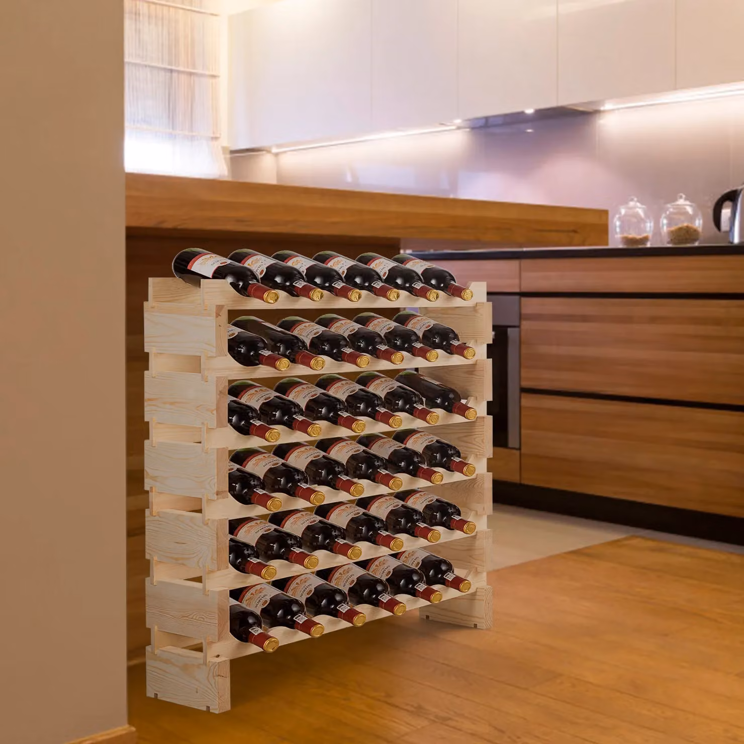 Costway Freestanding 36 Bottle Wine Rack in Natural Pine Wood – 3