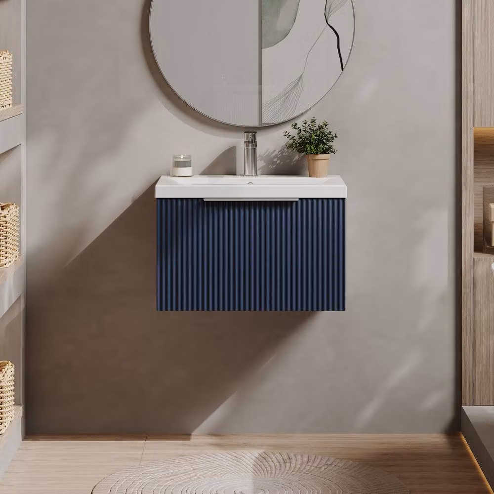 Balterley Fluted Wall Hung 1 Drawer Vanity Basin Unit and Basin, Satin Blue, 600mm – 2