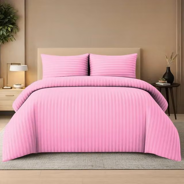 Lazzaro Home Premium Brushed Microfibre Embossed Striped Reversible Duvet Cover and Pillowcase Set, Pink, W/D/H: 200 x 200 cm and 140 x 200 cm