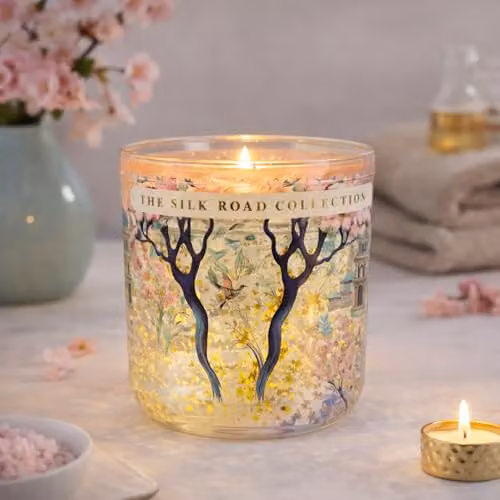 Candlelight The Silk Road Pomegranate and Cassis LED Glow Glass Jar Candle with Gold Star Design and Flicker Effect – 3