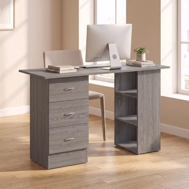 STILVORA Modern Grey Computer Desk with 3 Drawers and 3 Shelves, W: 120 cm, H: 72 cm – 1