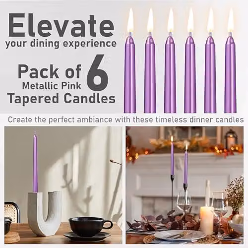 Deco Express Set of 6 Classic Unscented Dripless Tapered Metallic Purple Dinner Candles – 4