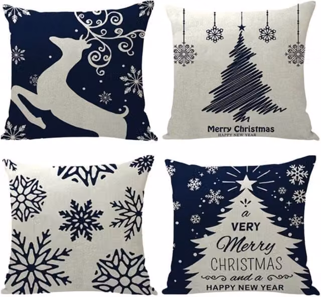 Lovii Christmas Linen Cushion Cover Set in Blue, White and Multicolour, W/D/H: 45 x 45 x 45 cm