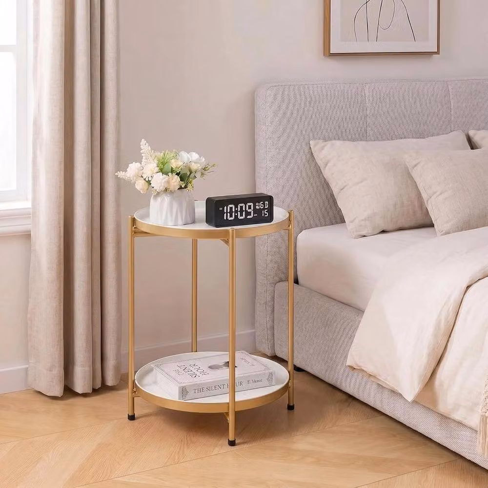 VOGREX Modern Round Dual-Tier Metal Coffee Table in Gold and White – 2