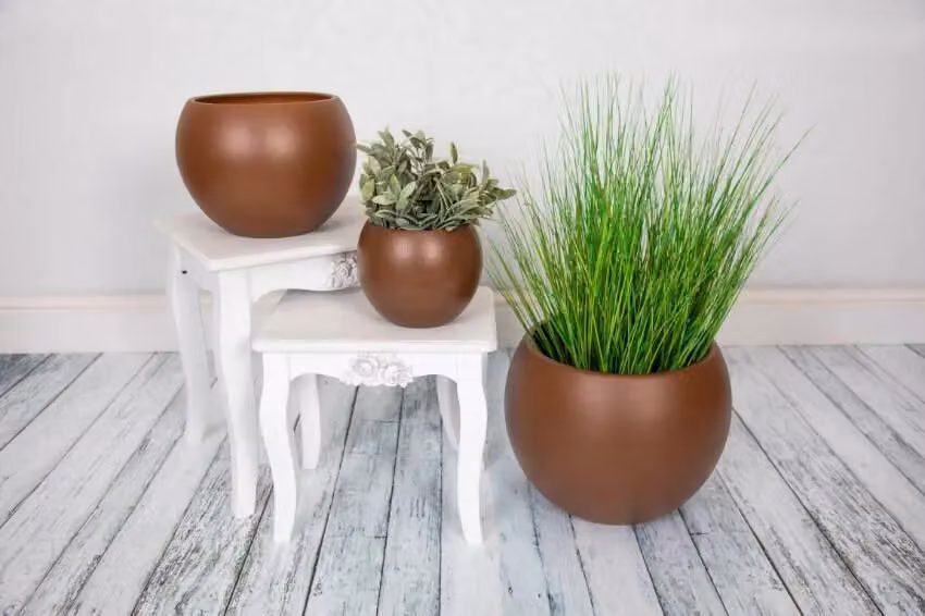 Verano Spanish Ceramics Set of 2 Round Textured Epoxi Indoor and Outdoor Plant Pots in Brown Rust, Diameter: 16 cm – 2