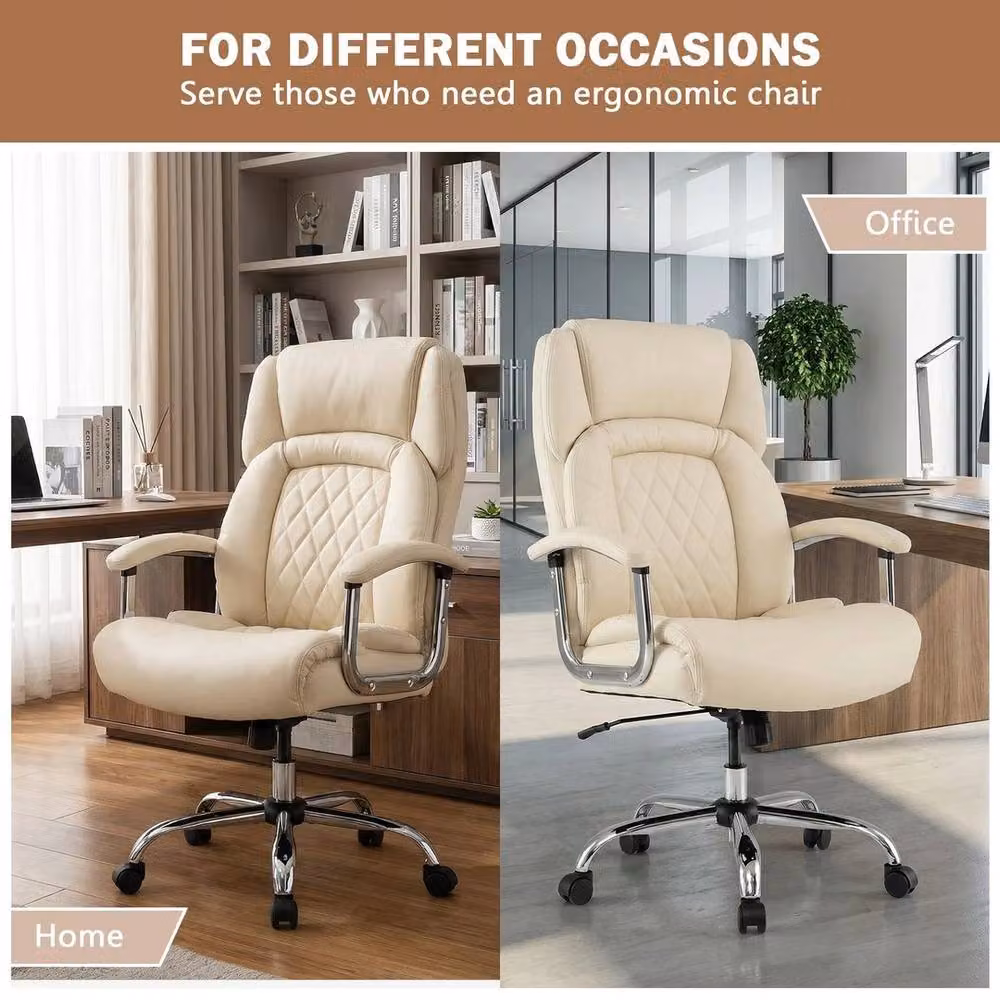 KORVIXA Beige Leather Swivel Task Chair with Headrest and Armrests – 4