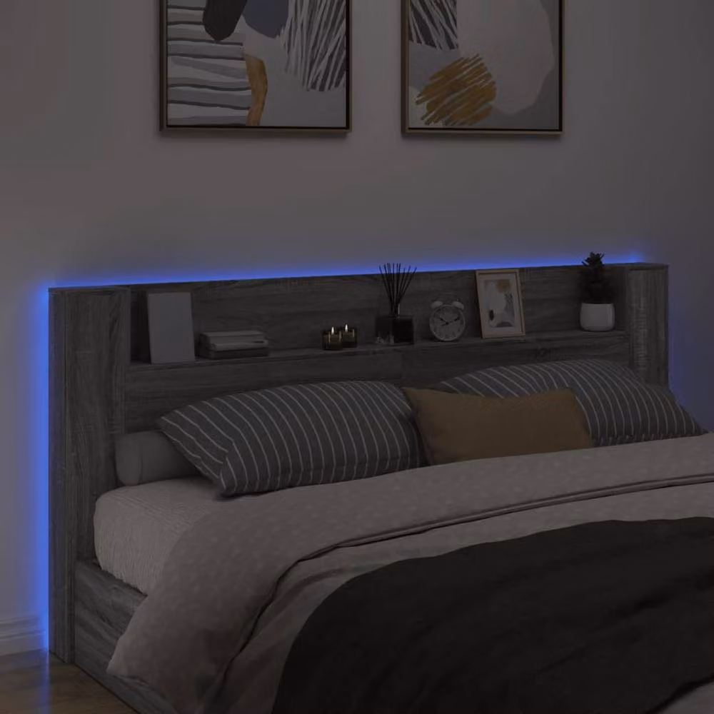 Berkfield Home LED Headboard Cabinet in Grey Sonoma, W: 220 cm, D: 16.5 cm, H: 103.5 cm – 4