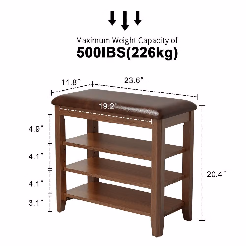 YQJJGL 3-Tier Solid Wood Shoe Bench with Synthetic Leather Cushioned Seat in Brown, W: 60 cm, D: 36 cm, H: 65 cm – 2