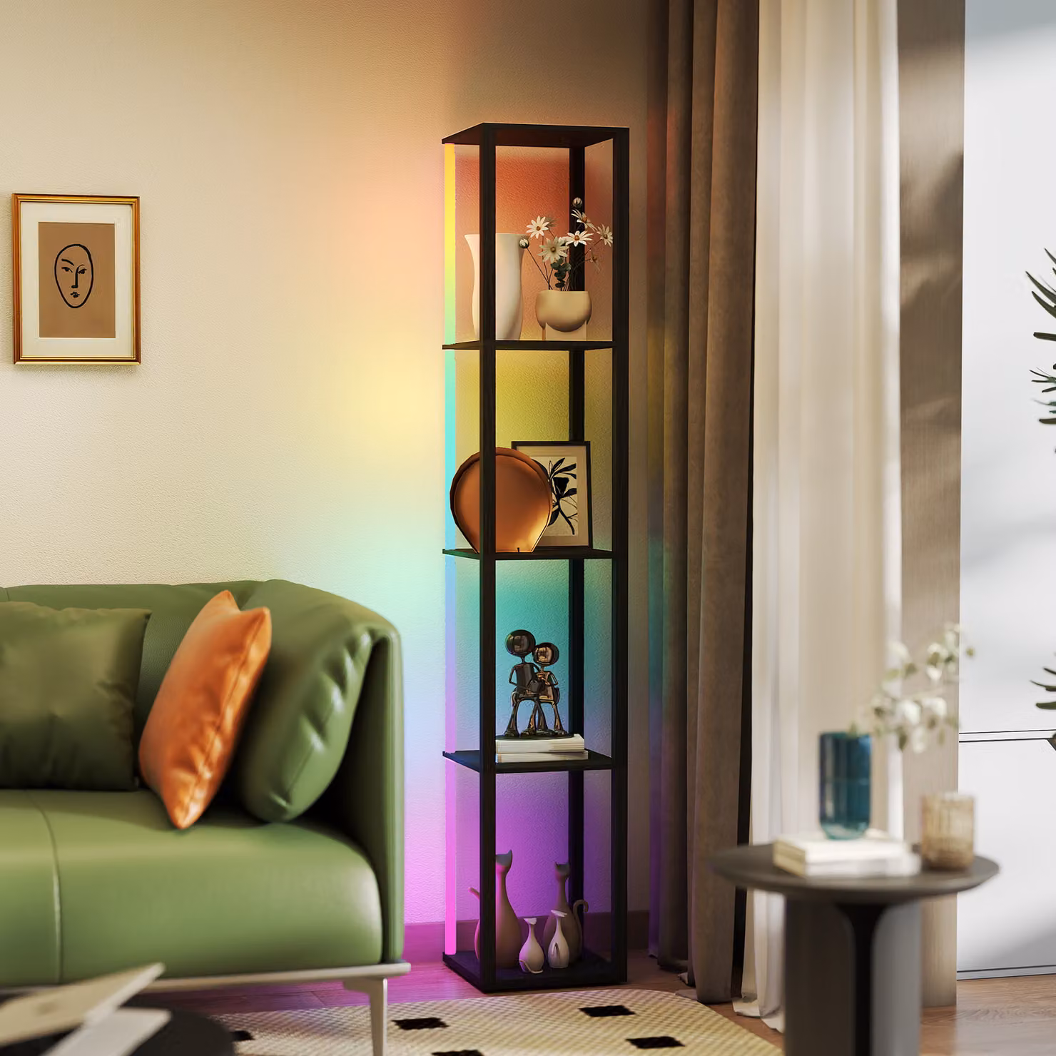 HOMCOM RGB LED Floor Lamp with Shelves, Modern Dimmable Standing Lamp with Remote Control, Black – 4