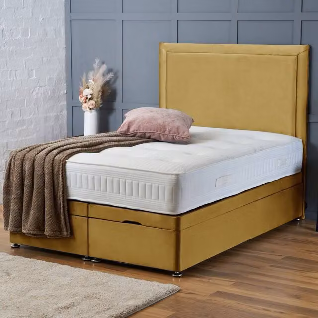 BSSPOKE Ella Ottoman Divan Bed with 54 inch Headboard in Yellow Plush Velvet, Super King, W/D/H: 200 x 162.56 x 40 cm