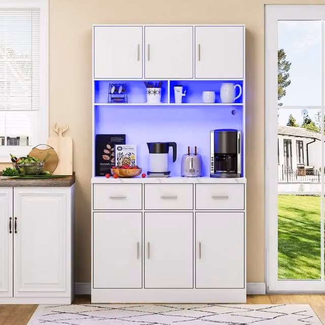 Rolipo Modern Tall Kitchen Pantry Cupboard in White with Integrated LED Lighting and UK Power Sockets, Height: 180 cm