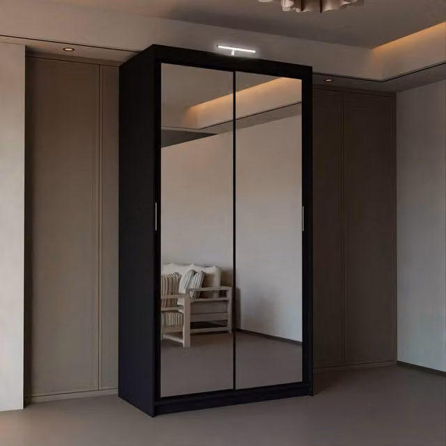 Sliding Wardrobes 4U Modern Black Mirror Sliding Wardrobe with Integrated LED Light, W: 90 cm, H: 200 cm