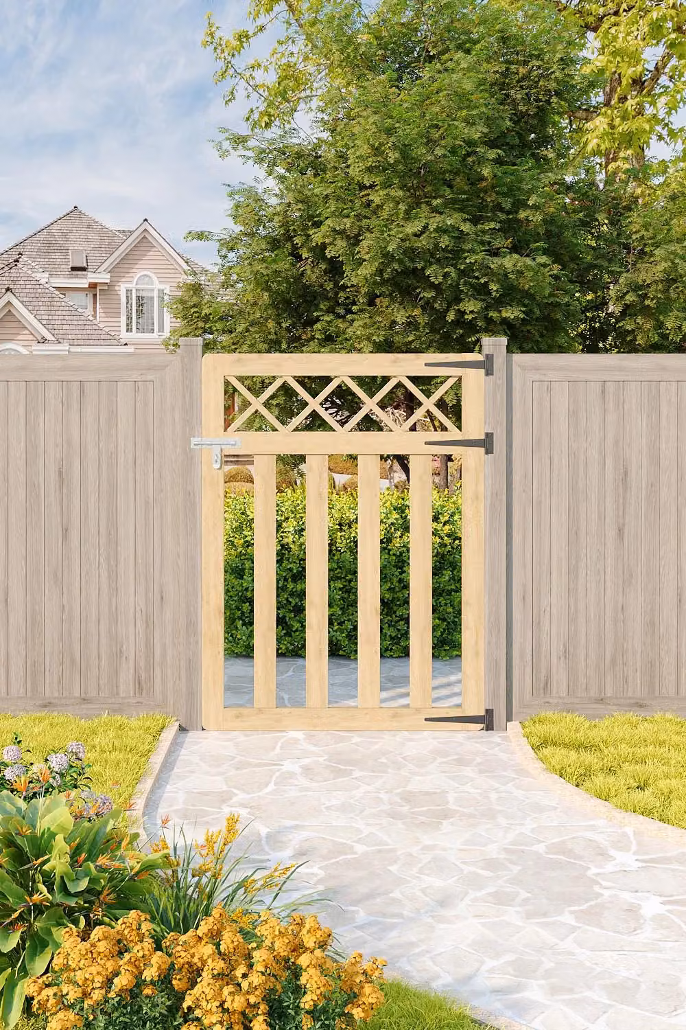 Living and Home Natural Wooden Outdoor Lattice Top Pedestrian Garden Swing Gate, W/H: 91.44 x 121.92 cm – 2