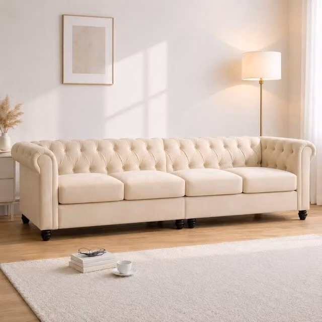 Sofaya Hampton 4 Seater Chesterfield Sofa in Beige Velvet