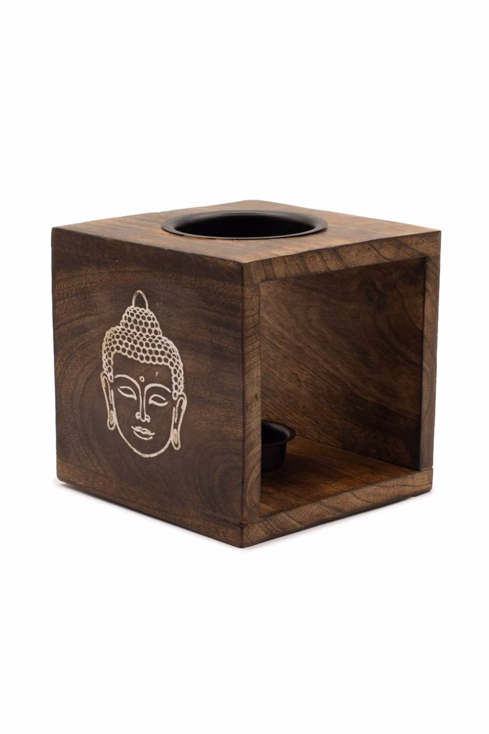 KDMD Large Mango Wood Buddha Face Oil Burner with Tealight Holder in Dark Brown – 2