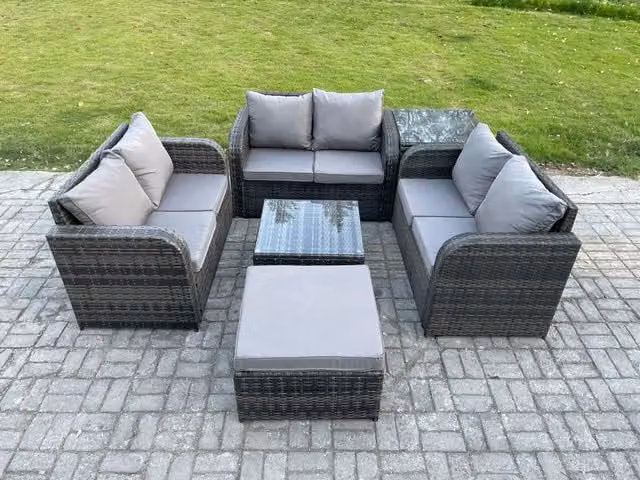 Fimous 7 Seater Dark Grey Polyrattan Garden Furniture Set with U-Shape Sofa, 2 Seater Sofa, Love Seat, Ottoman and Square Coffee Table