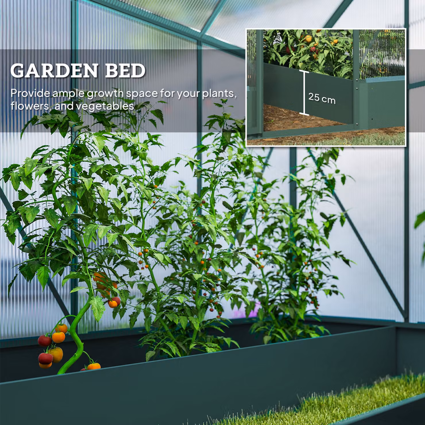 Outsunny Polycarbonate Garden Walk-in Greenhouse with Plant Bed and Temperature Controlled Window, W/D/H: 182.88 x 190 x 220 cm – 9
