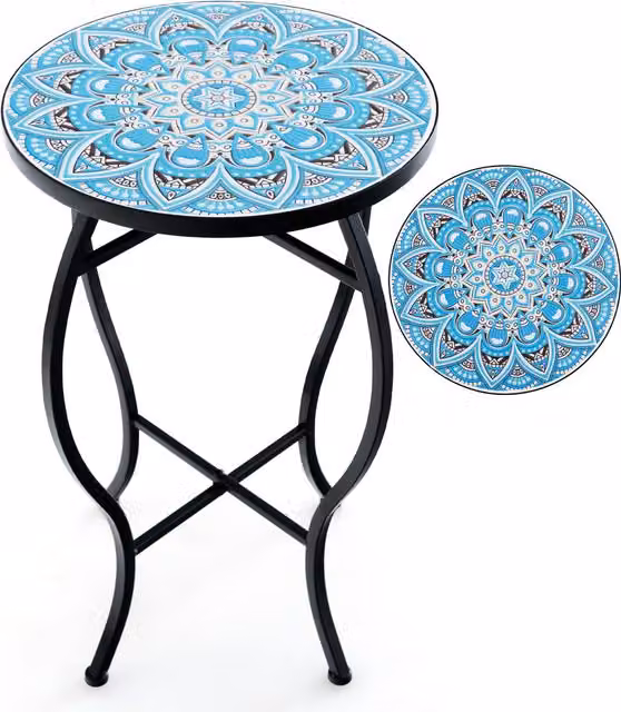 Costway Mediterranean Blue Mosaic Accent Coffee Table and Outdoor Porch Plant Stand with Ceramic and Metal Construction, W/D/H: 35 x 35 x 35 cm