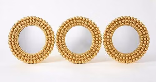 DEENZ Pack of 3 Round Beaded Wall Mounted Mirrors in Gold, Plastic Frame, Dia: 25 cm – 2