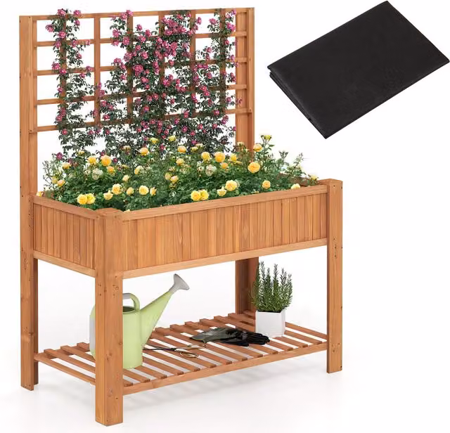 COSTWAY Brown Wooden Elevated Planter Box Raised Garden Bed with Trellis