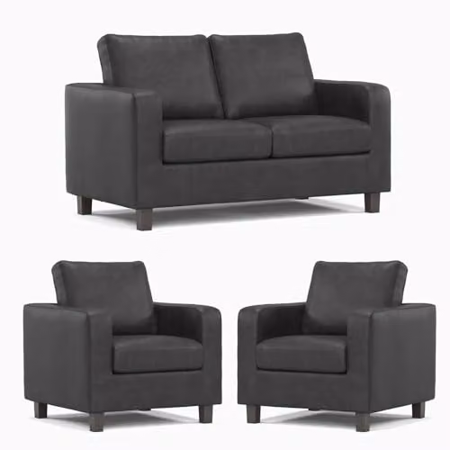 Furnishings For Less UK York 3 Piece Sofa Suite in Black Faux Leather, including 2 Seater Sofa and 2 Armchairs – 1