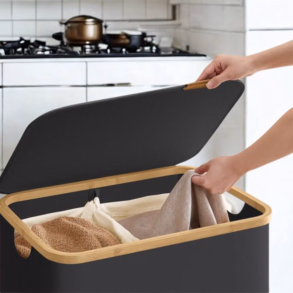 Pirlo Plush 130L Double Laundry Basket with Lid and Removable Lining in Black – 5