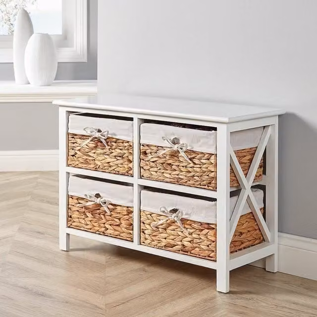 Home Source Dartmouth 4 Wicker Basket Drawer Chest Storage Unit in White