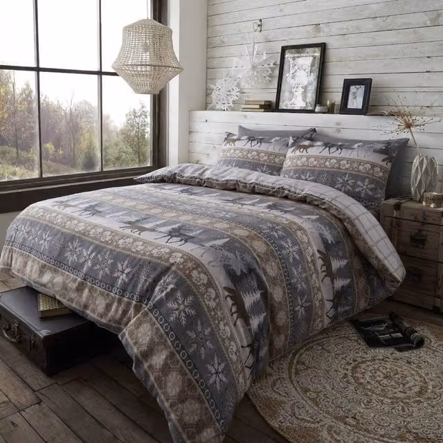 Happy Linen Company Cotton Flannel Duvet Cover and Pillowcase Set, Winter Graphic Design, Beige/Brown/Grey, Duvet Cover: 140 x 200 cm, Pillowcase: 50 x 75 cm