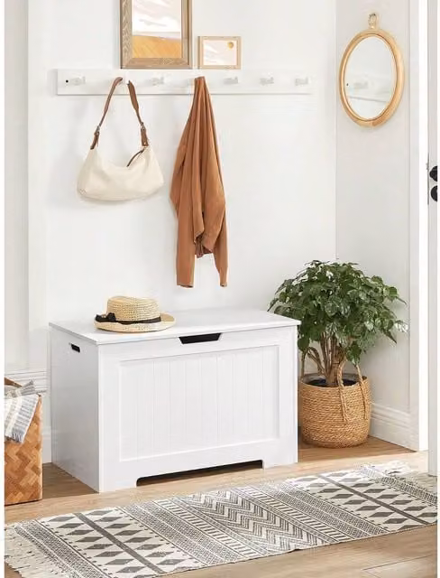 VASAGLE White Storage Bench and Shoe Chest with 2 Safety Hinges, W/D/H: 136 x 40 x 48 cm