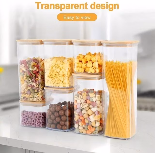 SPETLEK 7-Piece Set of Airtight and Leakproof Transparent Plastic Food Storage Jars