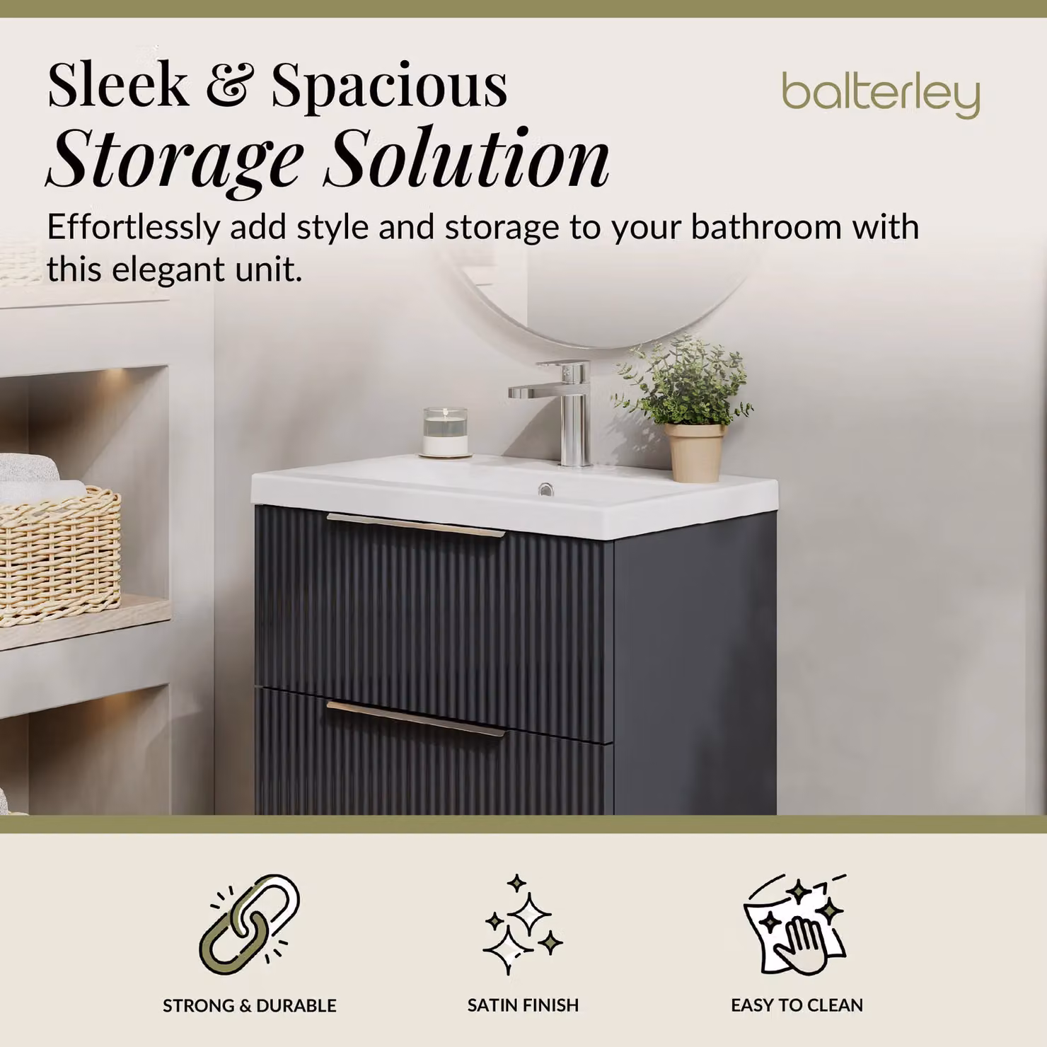 Balterley Fluted Wall Hung 2 Drawer Vanity Basin Unit and Basin, Dark Grey, Width: 600 mm – 2