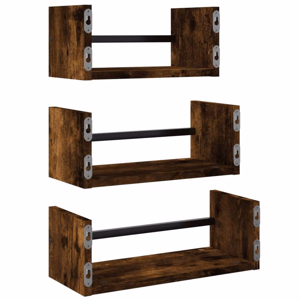 Berkfield Home 3 Piece Wall Mounted Industrial Shelf Set with Bars in Smoked Oak Brown – 6