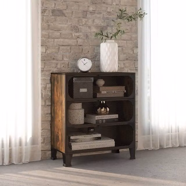 Berkfield Home Industrial Storage Cabinet in Brown with Glass Doors, Metal and MDF, W: 72 cm, D: 36 cm, H: 82 cm