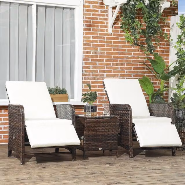 OUTSUNNY 3 Piece Rattan Bistro Set with Adjustable Backrests in Beige