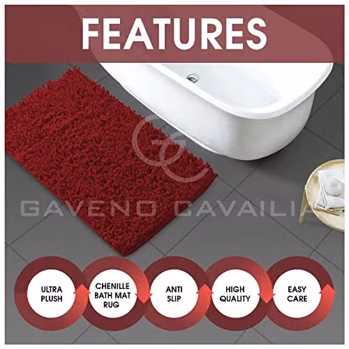 Gaveno Cavailia 2 Piece Chenille Microfibre Bath Mat Set in Red, W: 80 cm, D: 50 cm – 4