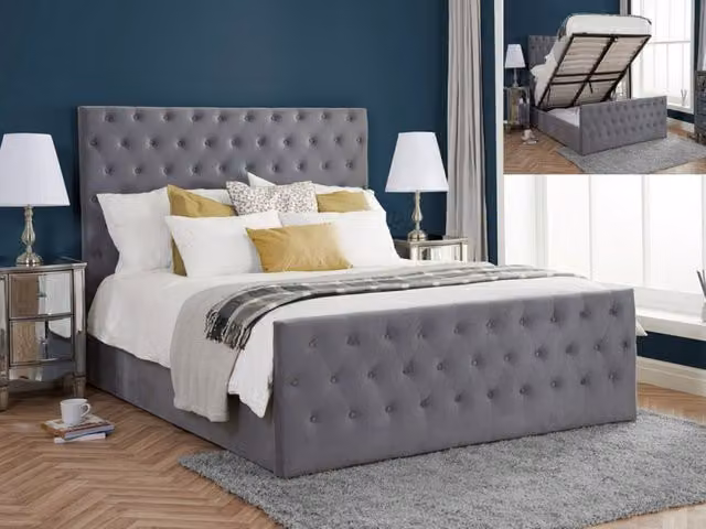 Birlea Marquis Grey Velvet Upholstered Ottoman Bed Frame, Super King Size 200 x 200 cm