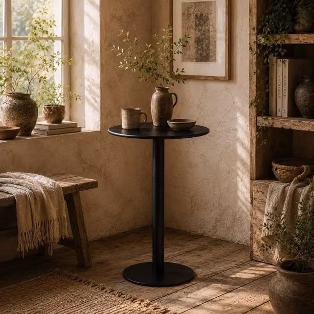 Wyld Haus Lestaguette Round Dining Table in Black with Powder Coated Steel Base, Diameter: 60 cm