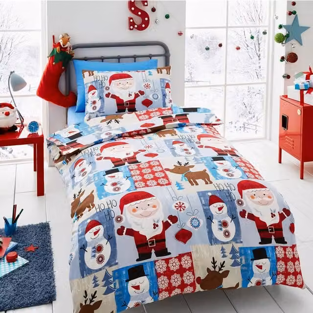 Happy Linen Company Kids Christmas Santa Patchwork Blue Reversible Duvet Cover Bedding Set, Toddler Size – 1
