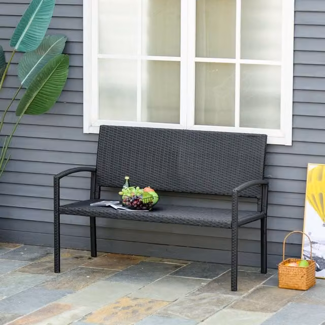 Outsunny Black Polyrattan 2 Seater Garden Bench with Armrests