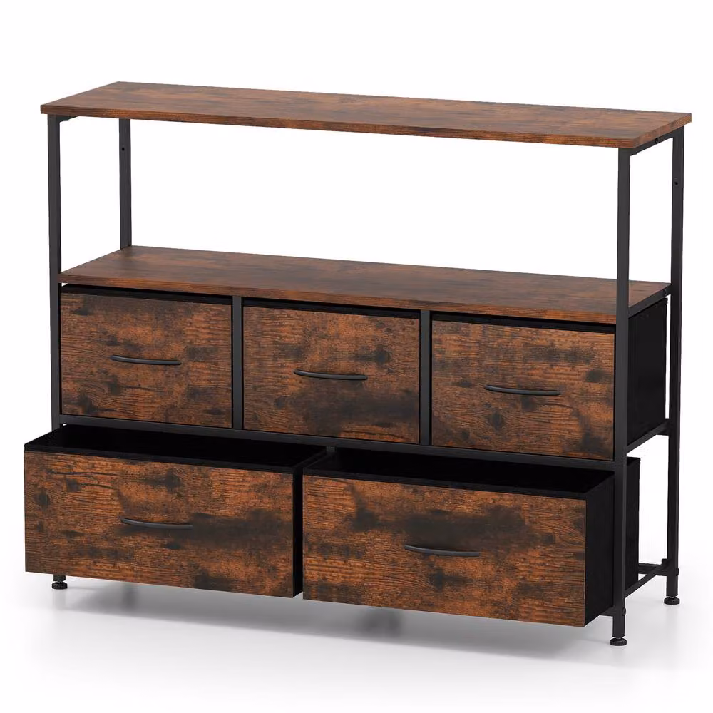 Gymax 5-Drawer Dresser with Open Shelves in Brown Rustic Wood and Metal – 7