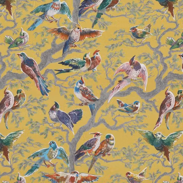 HOUSE Llewelyn-Bowen Birdity Absurdity Printed Cotton Fabric in Yellow and Multicolour