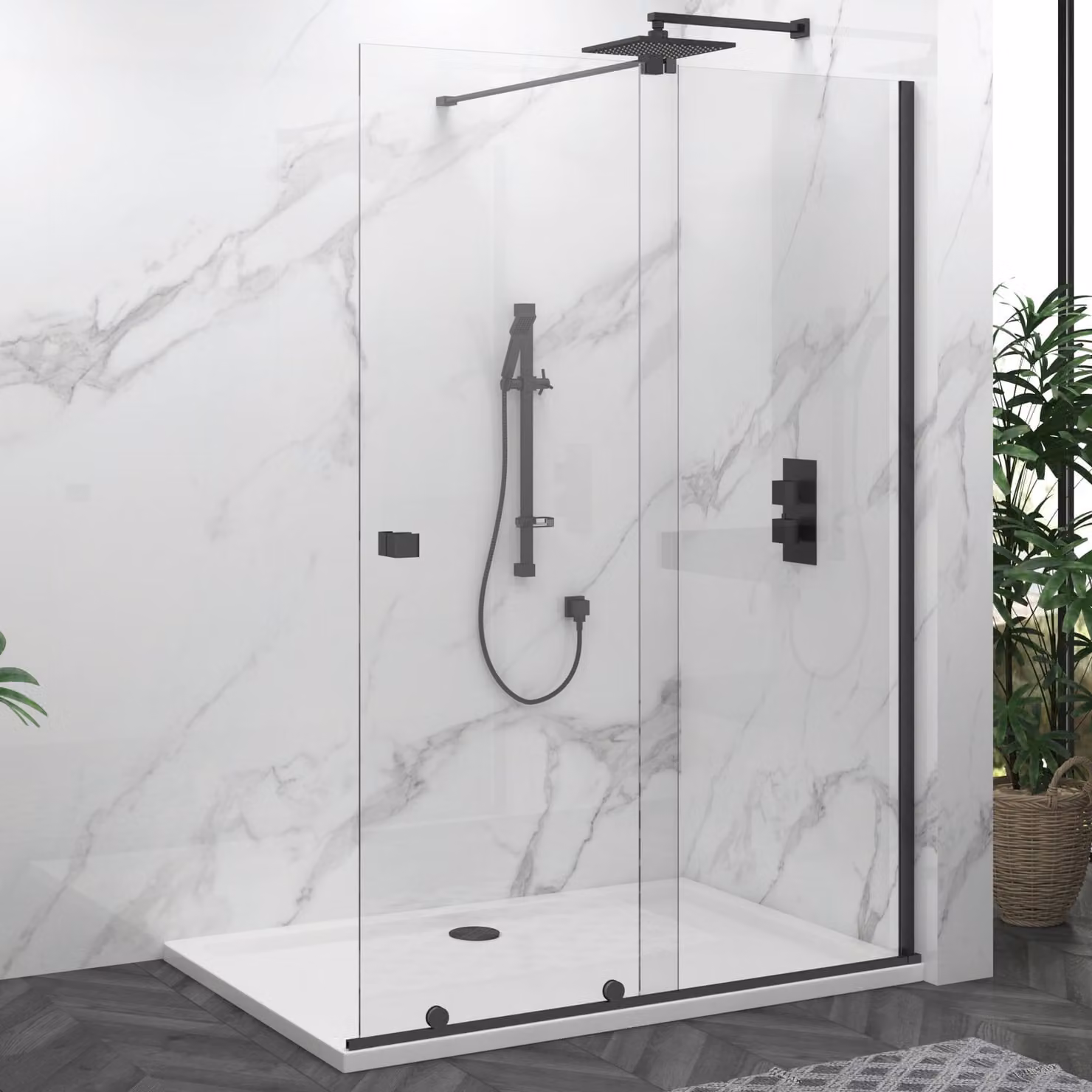 Luton 1400mm Wet Room Sliding Shower Screen with 8mm Easy Clean Clear Glass, Height: 195 cm, Matt Black