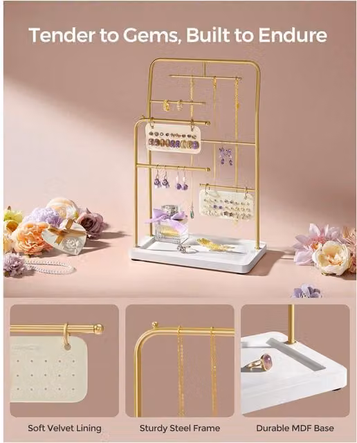 SONGMICS Jewellery Organiser Display Stand with Metal Frame, Gold and White